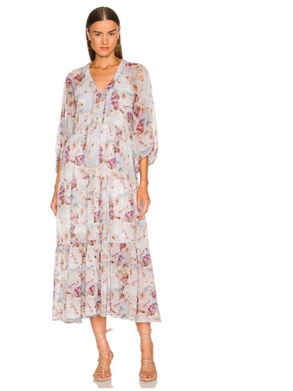 All Saints Trude Vimur Floral V-Neck Midi Dress in Ice Blue and Pink, US Size 6